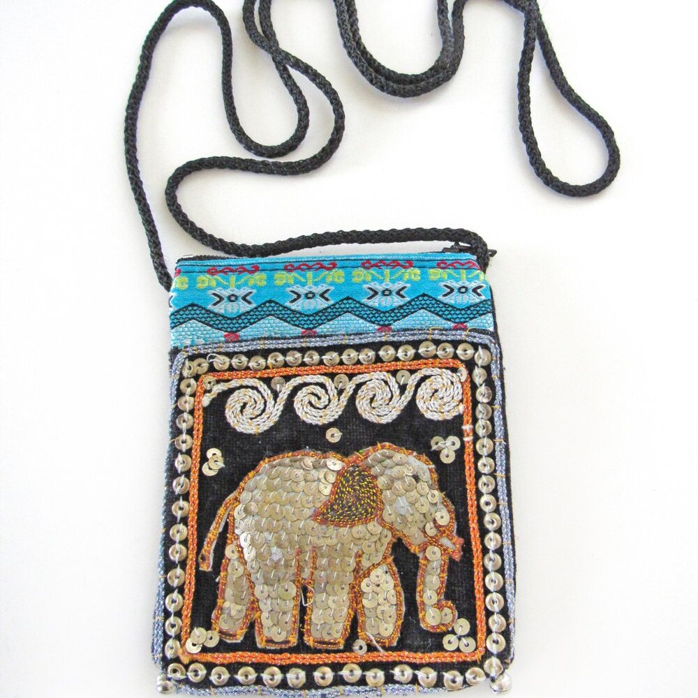 Sequin Elephant Crossbody Bag: Embroidered Bohemian Style Purse / Wallet